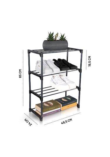 İronika Kalın Metal Çubuklu 4 Katlı Lüx Ayakkabılık Metal Borulu Raf Organizer Siyah