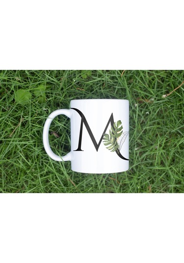 M Harf Zarif Yaprak Desenli Kupa Bardak - Naturel Sade Alfabe Harfli Bardak - Kişiye Özel Hediye Beyaz