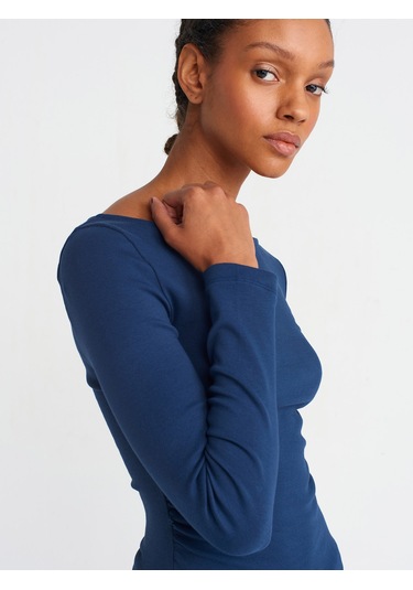 Dilvin 31401 Büzgülü Kayık Yaka Top-lacivert Lacivert