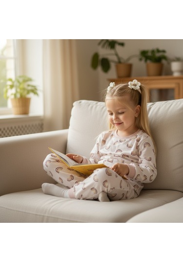 Gökkuşağı Desenli Kız Çocuk Pijama Takım Pudra