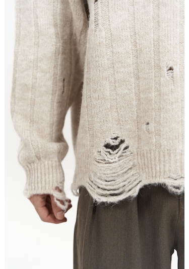 Vincent Yırtık Detay Bej Erkek Triko Kazak Bej