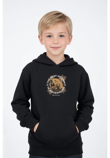 Kapüşonlu Kanguru Cepli Beear Baskı Detaylı Erkek Çocuk Sweatshirt Siyah
