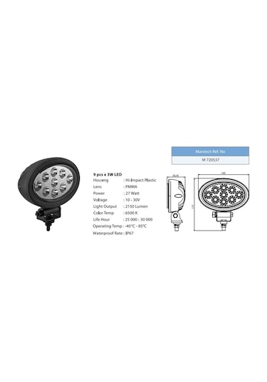 Mars 10V-30V Led Çalışma Lambası Oval 160x104 - 9x3W