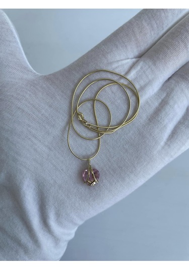 Pembe Kuvars Taşlı Sarı Gümüş Kolye Çok Renkli