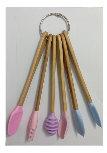Renkli Bambu Saplı Silikon Uçlu Spatula Fırçalı Kaşık Ahşap Seti Ahşap