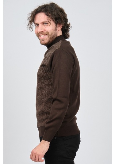 Ateş Triko Erkek Yarım Balıkçı Yaka Desenli Kazak 6091804 Kahvere Kahverengi