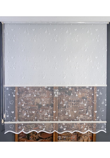 Kalp Desenli Çift Mekanizmalı Tül Stor Perde Beyaz