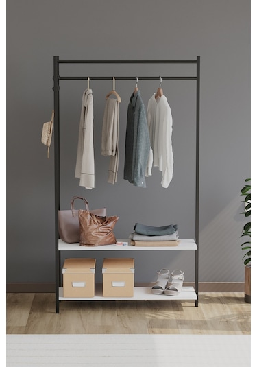 Bofigo Konfeksiyon Askısı Ayaklı Askılık Elbise Askılığı Raflı Askılık Jüpiter Beyaz Beyaz