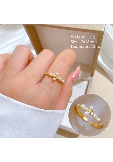 Geometrik Elmas Taşlı Yuvarlak İnci Yüzük No.86 Çok Renkli