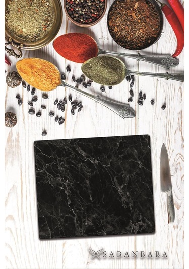 Dekoratif Cam Kesme Tahtası Siyah Mermer 29 X 34 Cm Cam Kesme T