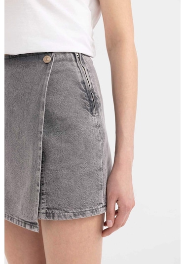 Defacto Yüksek Bel Mini Jean Şort Etek C0695AX24SMNM55 Gri