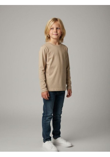 Zekids Erkek Çocuk Pamuklu Uzun Kol Basic T-shirt-16713 Bej