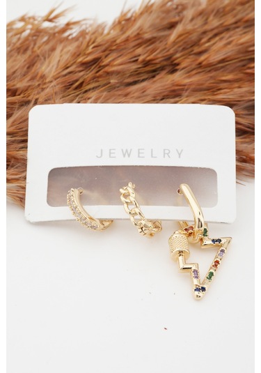 Kadın Altın Kaplama Kararmaz Şimşek Figürlü 3'Lü Zirkon Set Küpe Altın-M