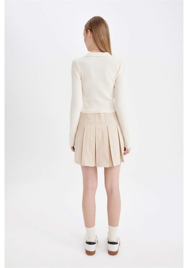 Defacto Coool Piliseli Normal Bel Basic Düz Gabardin Mini Etek D5265AX24AUER42 Ekru