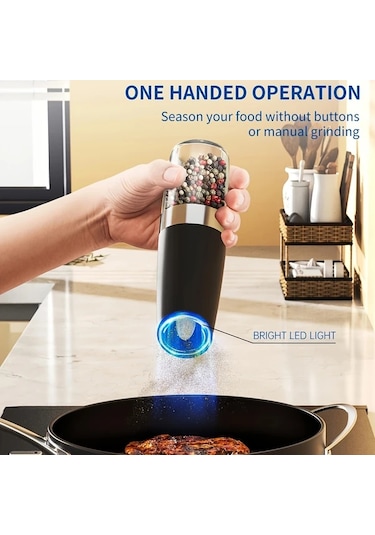 Honeybeeshop 1 Adet 2 Adet Kahverengi Plastik Gövdeli Yerçekimi Aktifli Elektrikli Tuz Karabiber Değirmeni Otomatik Öğütme Led Işıklı Ayarlanabilir Öğütme Ahşap