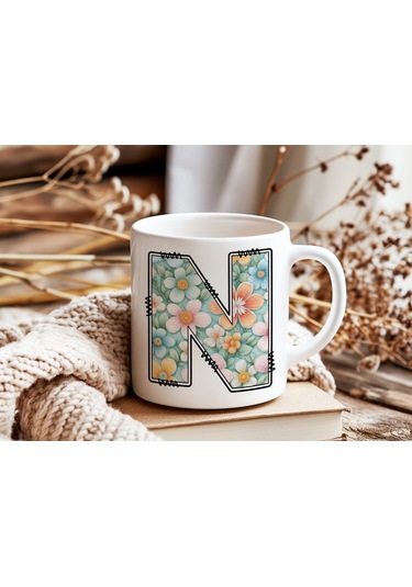N Harfli Pastel Çiçek Desenli Kahve Kupası - Kişiye Özel Çiçekler Koleksiyonu Bardak - Hediye Beyaz