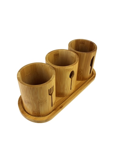 Bambu Stant Kaşıklık Kepçe 3 Bölmeli