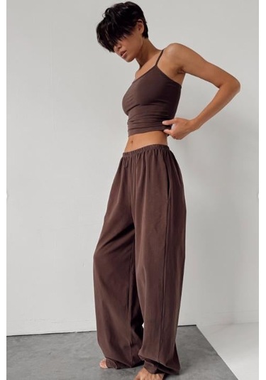 Kahverengi Geniş Paça Basic Kadın Eşofman Altı Mg2553 Kahverengi