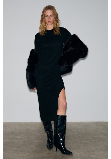 Grımelange Soreya Kadın Yuvarlak Yaka Çizgi Desenli Yırtmaçlı Slim Fit Triko Siyah Elbise Siyah