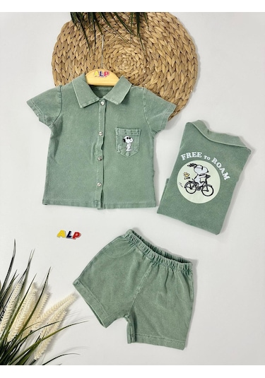 Alpbebe Snopy Detaylı Tshırt Mevsimlik Örme Kot Şort 2li Set-yeşil Yesil