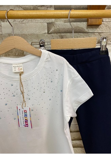 Aysbebe Tişört + Kapri Tayt Kız Çocuklar İçin Yazlık Takım Krem 1411-1544