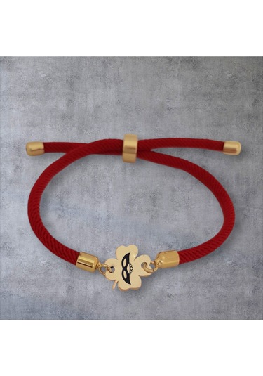 Örgü İplili 14 Ayar Altın Plakalı Çiçek Figürlü Balmaske Sembollü Hediye Bileklik-324sembol-kırmızı Altın