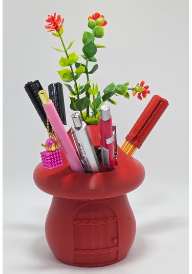 Kalemlik Kırmızı Sima Mantar Çiçekli Üç Gözlü Kalemlik Düzenleyici Kırmızı