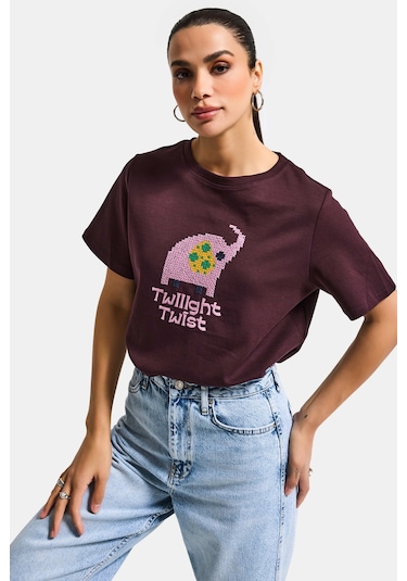 Itsbasic Kadın Kahve Bordo Renk W5 Nakış Detaylı Oversize Tasarım T-shirt