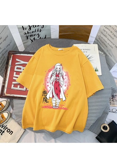 Sarı Japon Animesi İblis Avcısı T Shirt Erkekler Kawaii Kimetsu Hiçbir Yaiba Grafik Tees Tanjirou Kamado Unisex Üstleri Komik Tişört Sarı