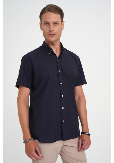 Comfort Fit Düğme Yaka Kısa Kol %100 Keten Düz Lacivert Gömlek G 1596 Lacivert