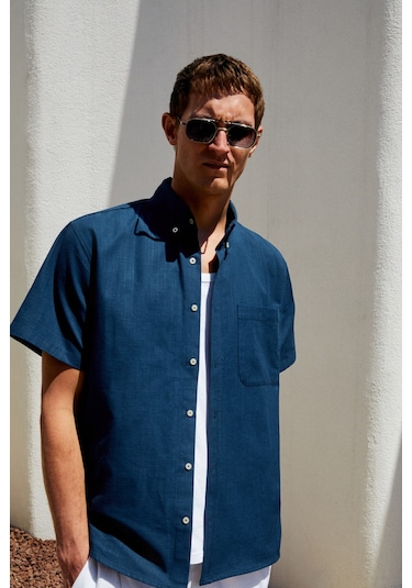 PASSI Erkek Kısa Kollu Tek Cepli Rahat Kesim Relaxed Fit Lacivert Gömlek