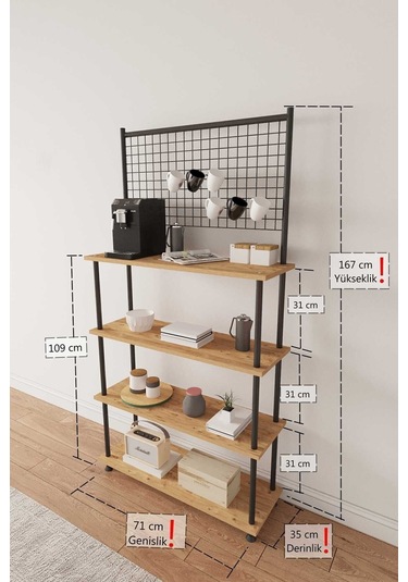 Çevir Kur Atlantik Çam 4 Raflı Kahve Köşesi Dolabı Mutfak Düzenleyici, Stand, 71x167x35 Cm Atlantik Çam