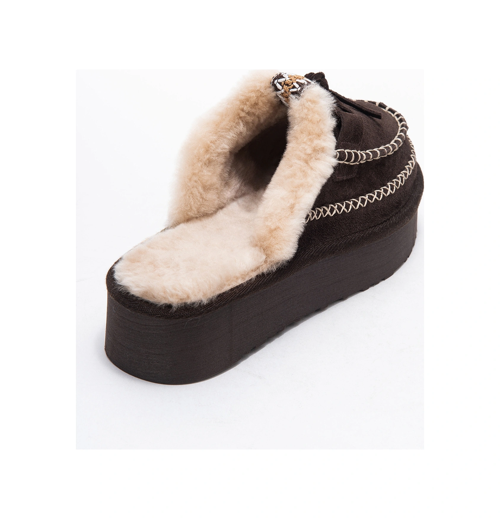 Yalına Kahverengi Süet Hakiki Deri Dikişli Kürklü Kadın Platform Tabanlı Makosen Terlik Kahverengi