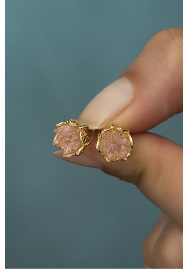 Pembe Zirkon Taşlı Lotus Çiçeği Kadın Küpe Altın