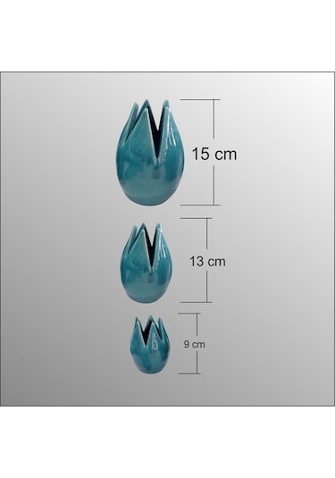 Seramik Turkuaz Laleler Biblo Seti 15Cm - 13Cm - 9Cm
