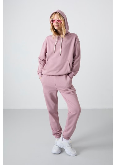 Tommy Life Gül Kurusu Kapüşonlu Kanguru Cep Oversize Lastik Paça Kadın Eşofman Takımı - 95288 Gül Kurusu