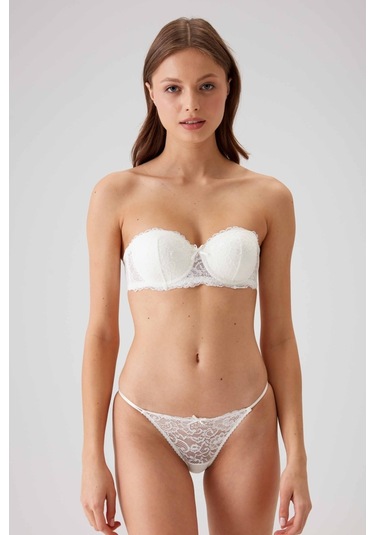 Kadın Ekru 4034 Balenli Desteksiz Straplez Sütyen Takım Ekru