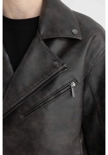 Defacto Slim Fit Polo Yaka Suni Deri Ceket Mont C5748AX24AUBN338 Kahverengi