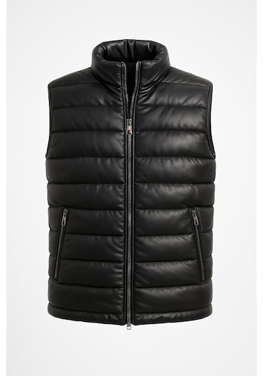 Erkek Slim Fit Fermuarlı Siyah Suni Deri Yelek - 7448 Siyah