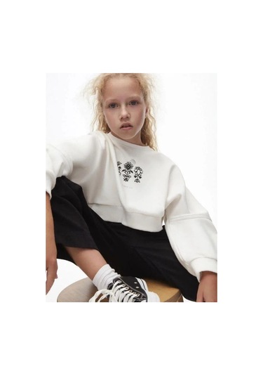 Kız Çocuk Pamuklu İki İplik Gün Işığı Sweatshirt-14709 Ekru