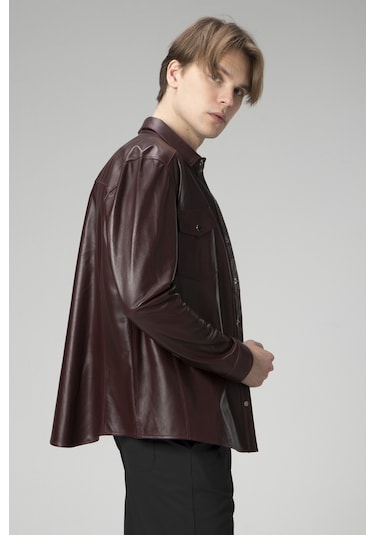 Dericlub Wm201 Erkek Gerçek Deri Gömlek Bordo