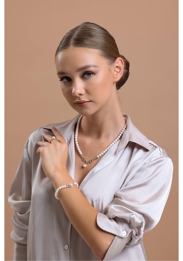 5 Mm Zirkon Taşlı Doğal İnci Bileklik 20 Cm / Beyaz Beyaz Beyaz Altın