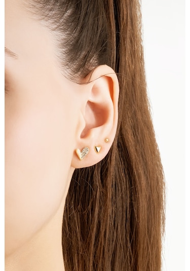 Love 18 Ayar Sarı Altın Kaplama Gümüş Çoklu Küpe Sarı