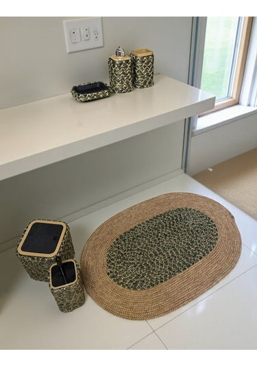 Doğal Dokulu Hasır Görünümlü 6 Parça Banyo Takımı Zarif Ve Modern Yeşil