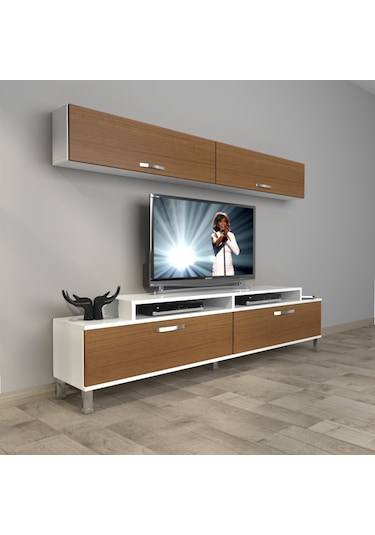 Decoraktiv Ekoflex 5 Slm Krom Ayaklı Tv Ünitesi Tv Sehpası Beyaz - Ceviz