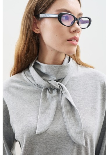 Yüksek Yaka Bağlamalı Bluz Gri Melanj Gri Melanj