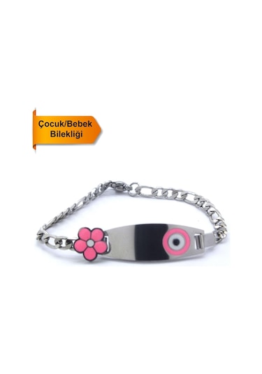 Bebek Bileklik Çelik Pembe Nazar Boncuklu Modelblk-959 Gümüş