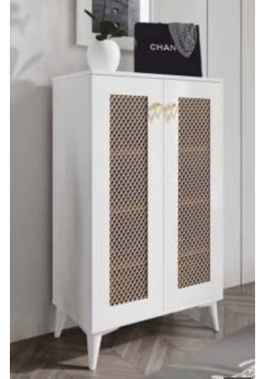 2 Kapılı Beyaz Hasırlı Çok Amaçlı Ayakkabılık Dolap Beyaz