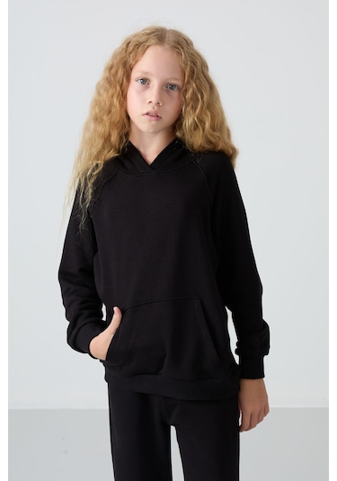 Tommy Life Siyah Pamuklu İçi Tüylü Yumuşak Dokulu Standart Fit Nakışlı Kız Çocuk Eşofman Takım - 75162 Siyah