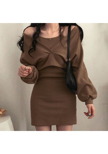 Fransız Mizaç Kayma Elbise + Bluz T-shirt Uzun Kollu Takım Elbise Kadın Ince Düz Renk Elbise Siyah